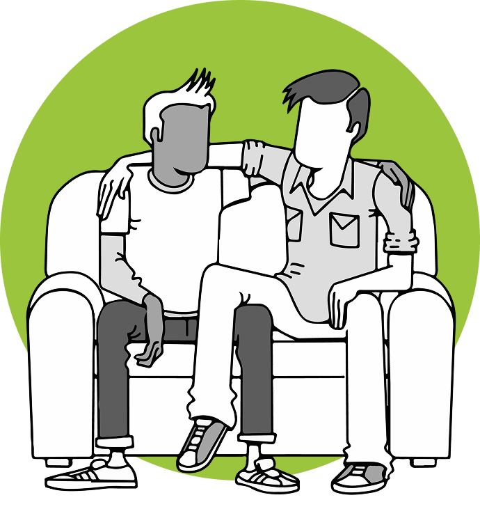 Ilustración de dos personas abrazadas y conversando sentadas en un sofá