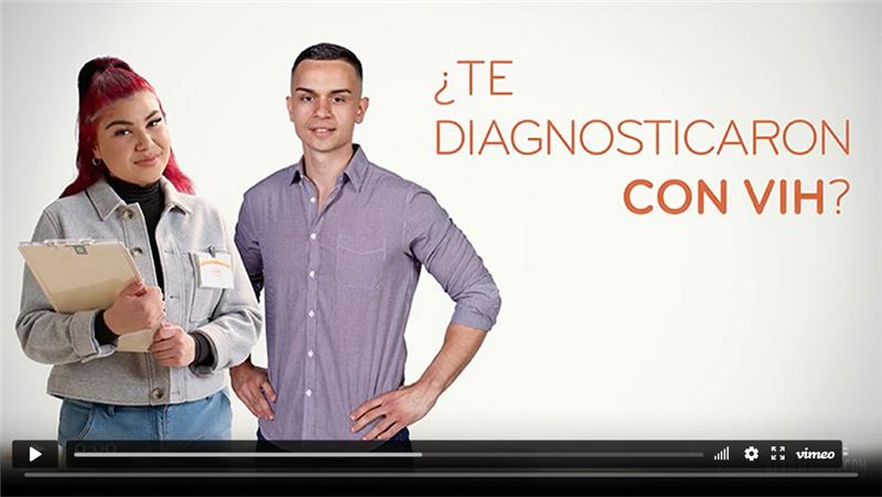 Imagen de video con el texto “¿Te diagnosticaron con VIH?” junto a dos personas