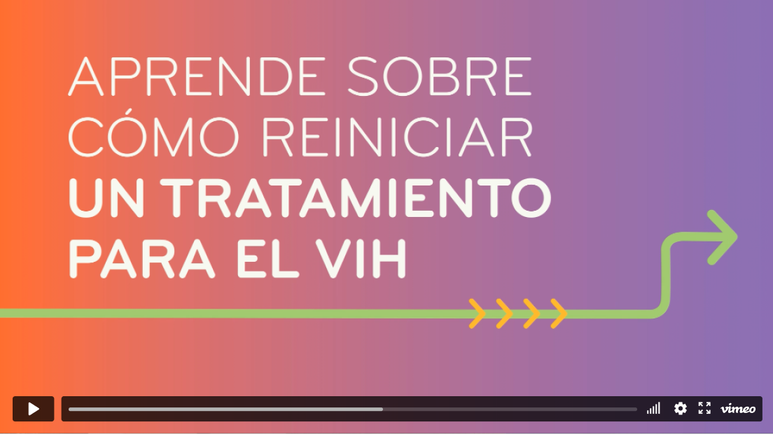 Imagen de video con el texto “Aprende sobre cómo reiniciar un tratamiento para el VIH”