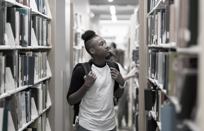 A student in a library.