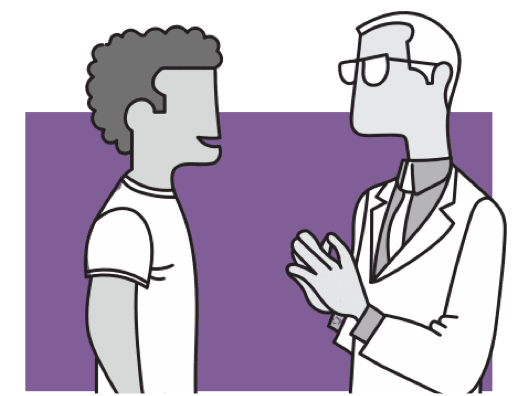 Cartoon image of patient discussing their HIV questions with a healthcare practitioner.